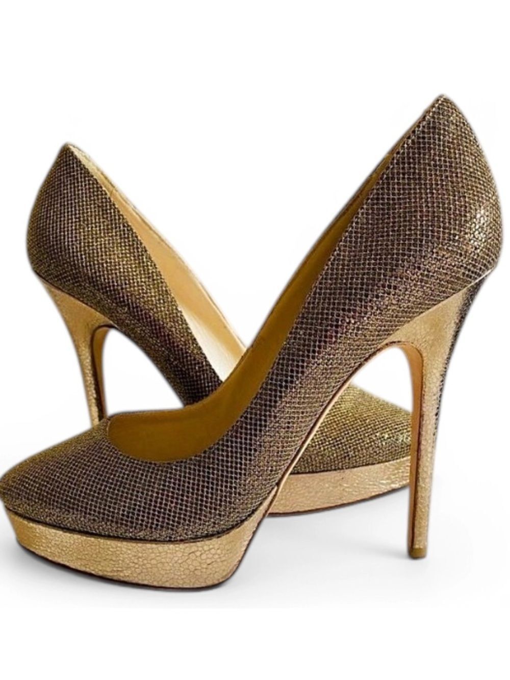 🛍️ Jimmy Choo Authentic Gold Glitter Fabric Eros Platform Pump